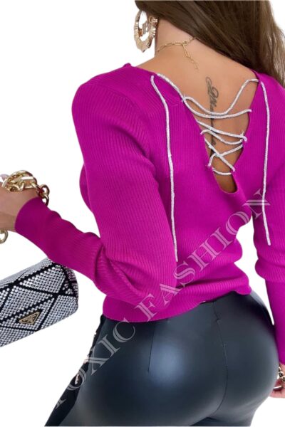 Sweter damski różowy z odkrytymi plecami