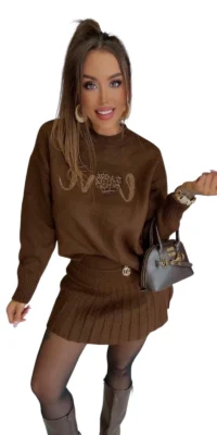 komplet lola bianka brązowy dzianinowy sweter spódniczka