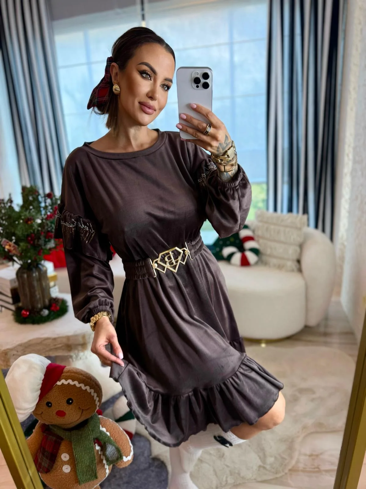 Sukienka Lola Bianka brązowa welurowa - obrazek 3