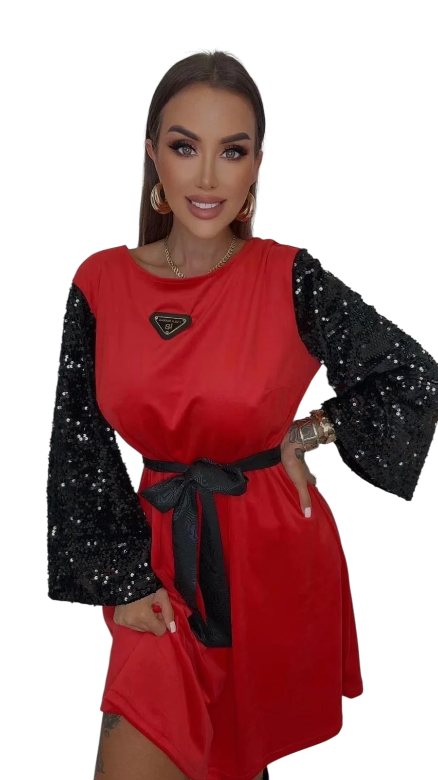 sukienka welurowa czerwona z kokardą