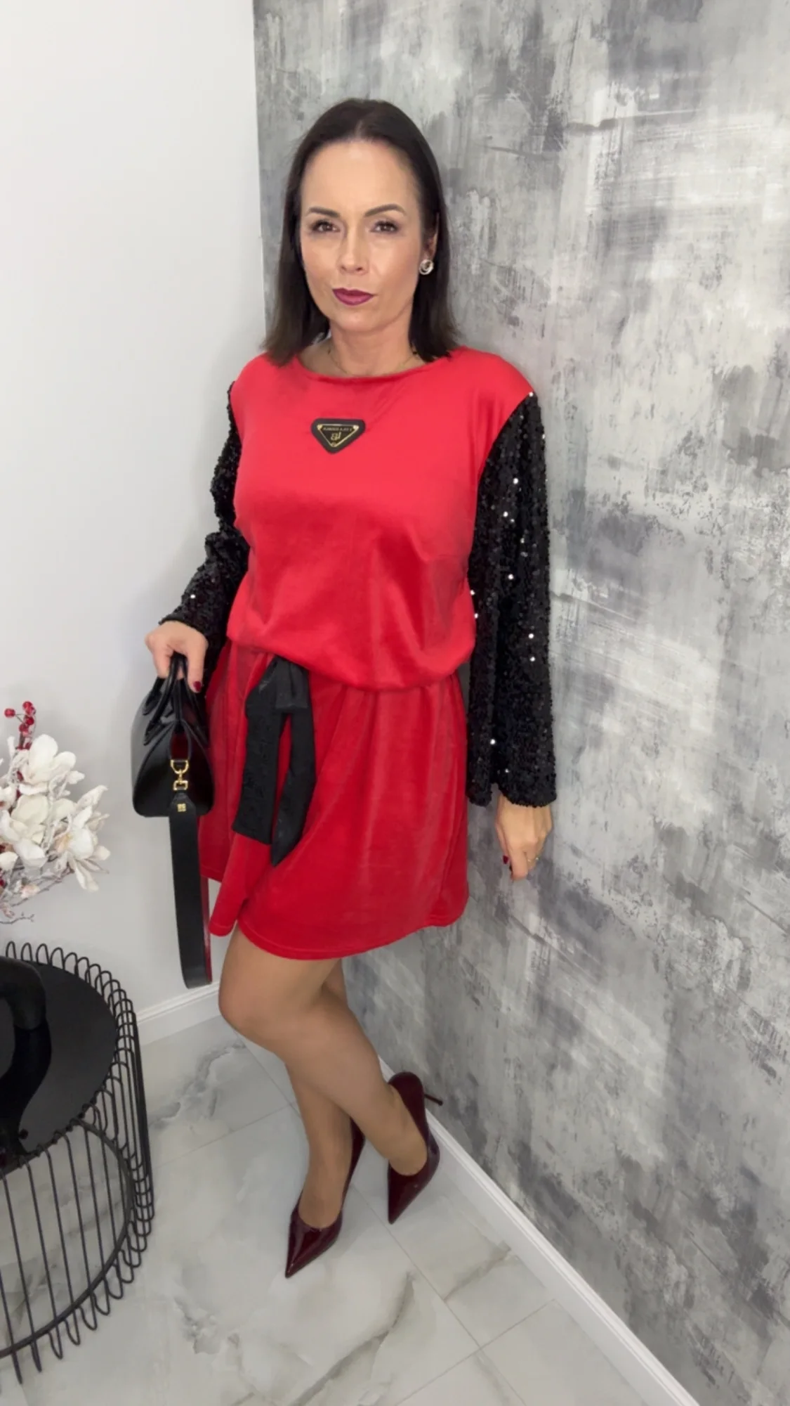 Sukienka Lola Bianka welurowa czerwona z kokardą - obrazek 8