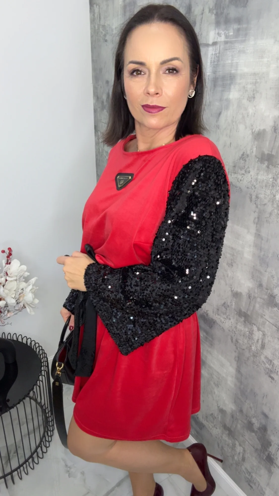 Sukienka Lola Bianka welurowa czerwona z kokardą - obrazek 6